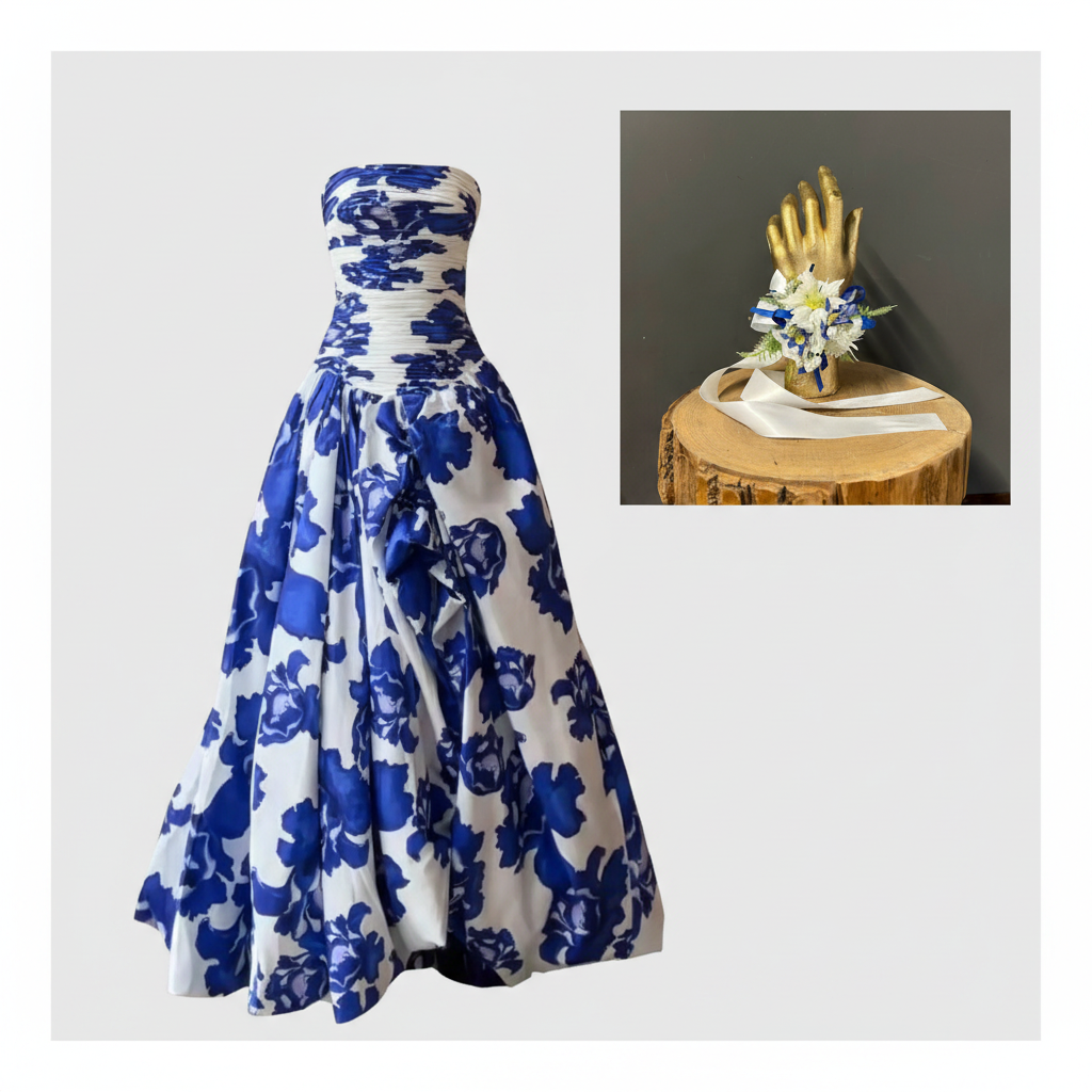 Blue Floral Dress and Corsage - Square Light Grey