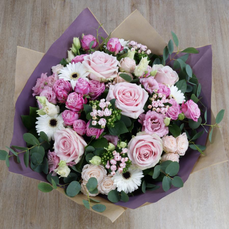 pink Roses, Lizianthus, Bouvardias, and mini Gerberas Flower Bouquet from our Blooming Boutique Signature Collection.Same Day Flower Delivery Dublin or Next Day Flowers Delivery Ireland