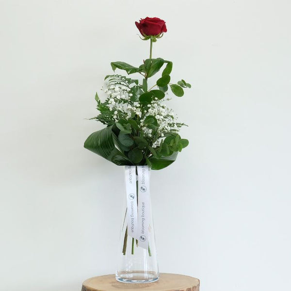 First Love - One Red Rose with White Gypsophila Include Vase. Ideal as Small Valentine's Day or Mother's Day Token. We deliver flowers throughout Dublin and Ireland. Please place your order by 1 pm for Same Day Flower Delivery Dublin or Next Day Flowers Delivery Ireland