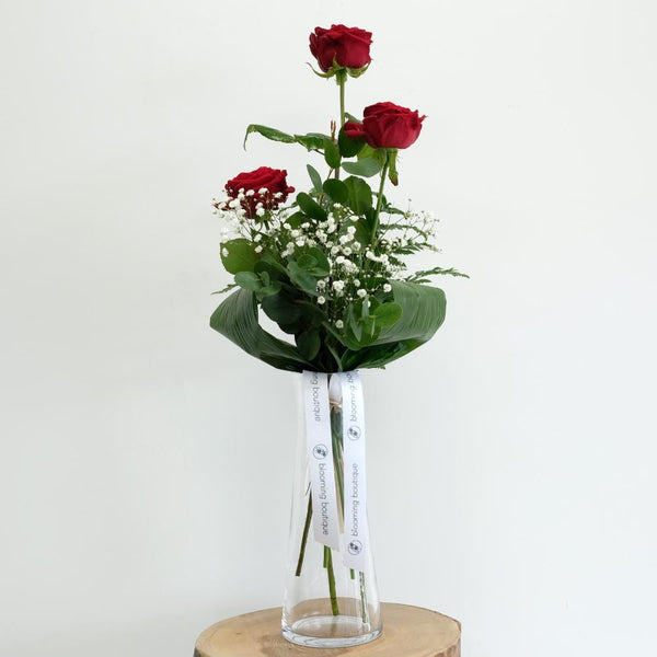 Hot Kiss - Three Red Roses with White Gypsophila Include Vase. Ideal as Small Valentine's Day or Mother's Day Token. We deliver flowers throughout Dublin and Ireland. Please place your order by 1 pm for Same Day Flower Delivery Dublin or Next Day Flowers Delivery Ireland