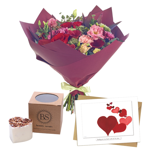 Special Valentine's Offer with our Wonderful Passion Flower Bouquet, Beauty Scented Candle & Free Valentine's Card. A lovely present for your beloved ones. We deliver flowers throughout Dublin and Ireland. Please place your order by 1 pm for Same Day Flower Delivery in Dublin or Next Day Flowers Delivery Ireland