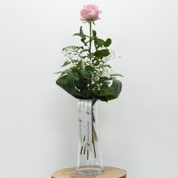 Pink Rose with White Gypsophila Include Vase. Ideal as Small Valentine's Day or Mother's Day Token. We deliver flowers throughout Dublin and Ireland. Please place your order by 1 pm for Same Day Flower Delivery Dublin or Next Day Flowers Delivery Ireland