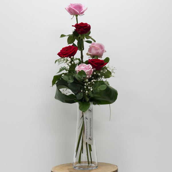 Three Red Roses and Three Pink Roses with White Gypsophila Include Vase. Ideal as Small Valentine's Day or Mother's Day Token. We deliver flowers throughout Dublin and Ireland. Please place your order by 1 pm for Same Day Flower Delivery Dublin or Next Day Flowers Delivery Ireland