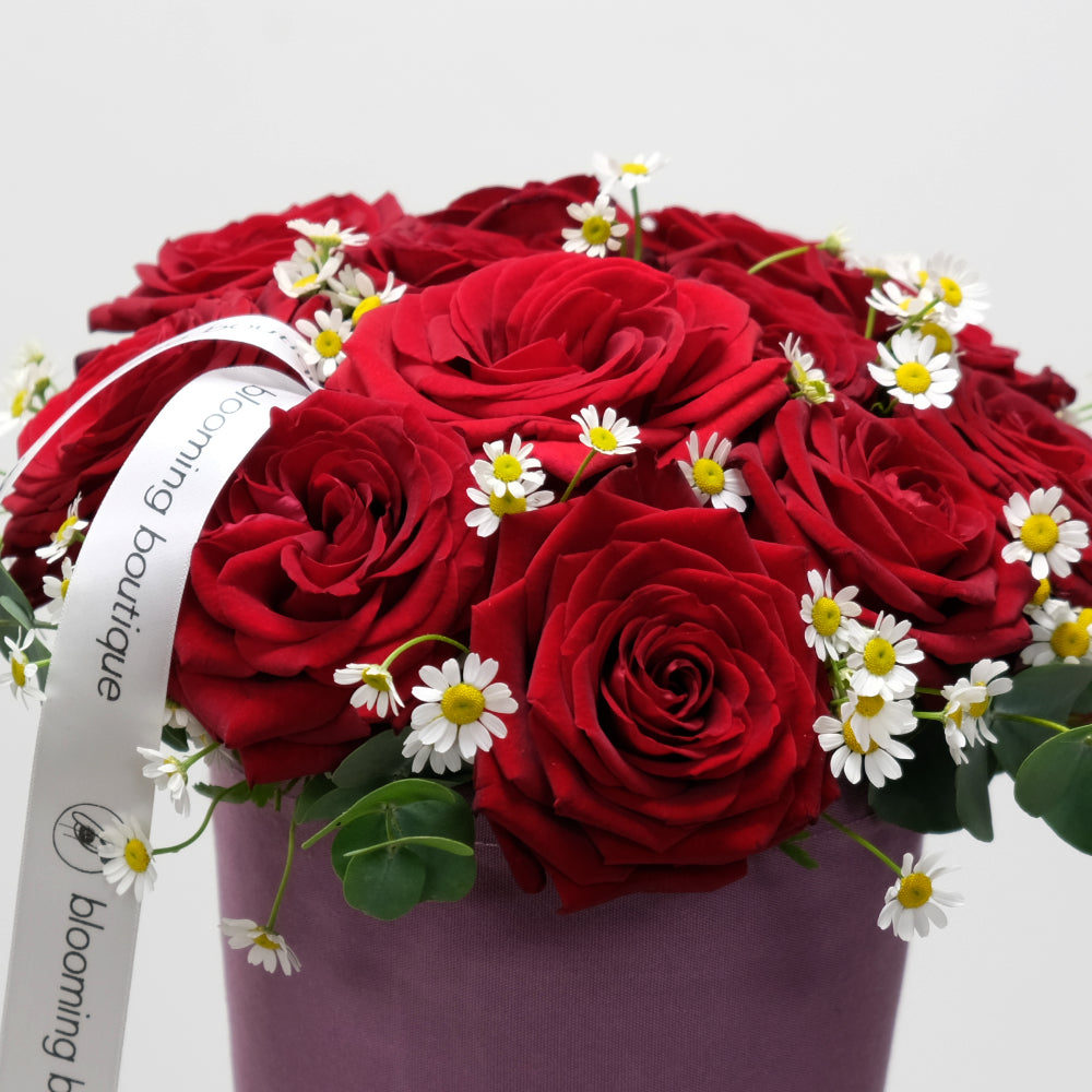 The pure and simple beauty of magnificent velvet red roses with a romantic touch of Tanacetum. Our Red Roses arrangement consists of 12 magnificently red roses and Tanacetum. The Green Pot from the Blooming Walls® collection. Same Day Flower Delivery Dublin Next Day Flowers Delivery Ireland