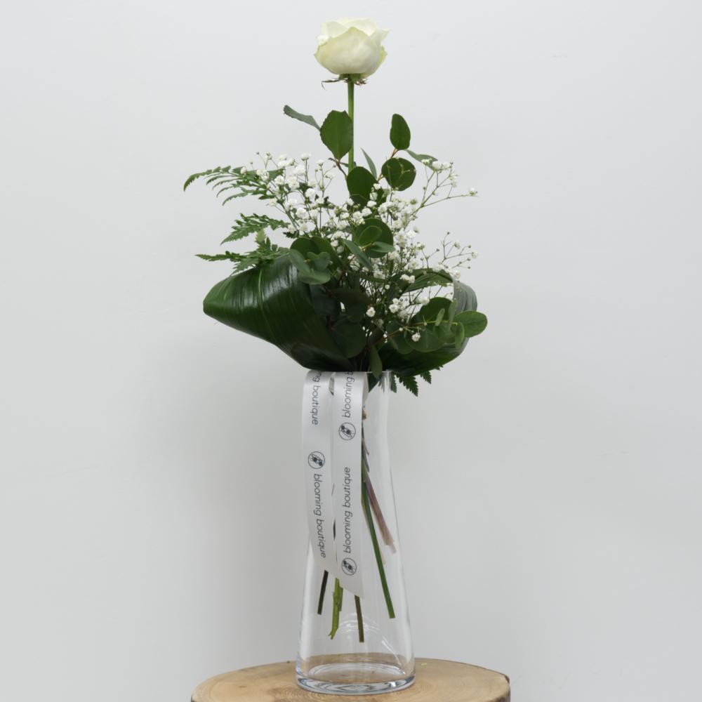 White Rose with White Gypsophila Include Vase. Ideal as Small Valentine's Day or Mother's Day Token. We deliver flowers throughout Dublin and Ireland. Please place your order by 1 pm for Same Day Flower Delivery Dublin or Next Day Flowers Delivery Ireland