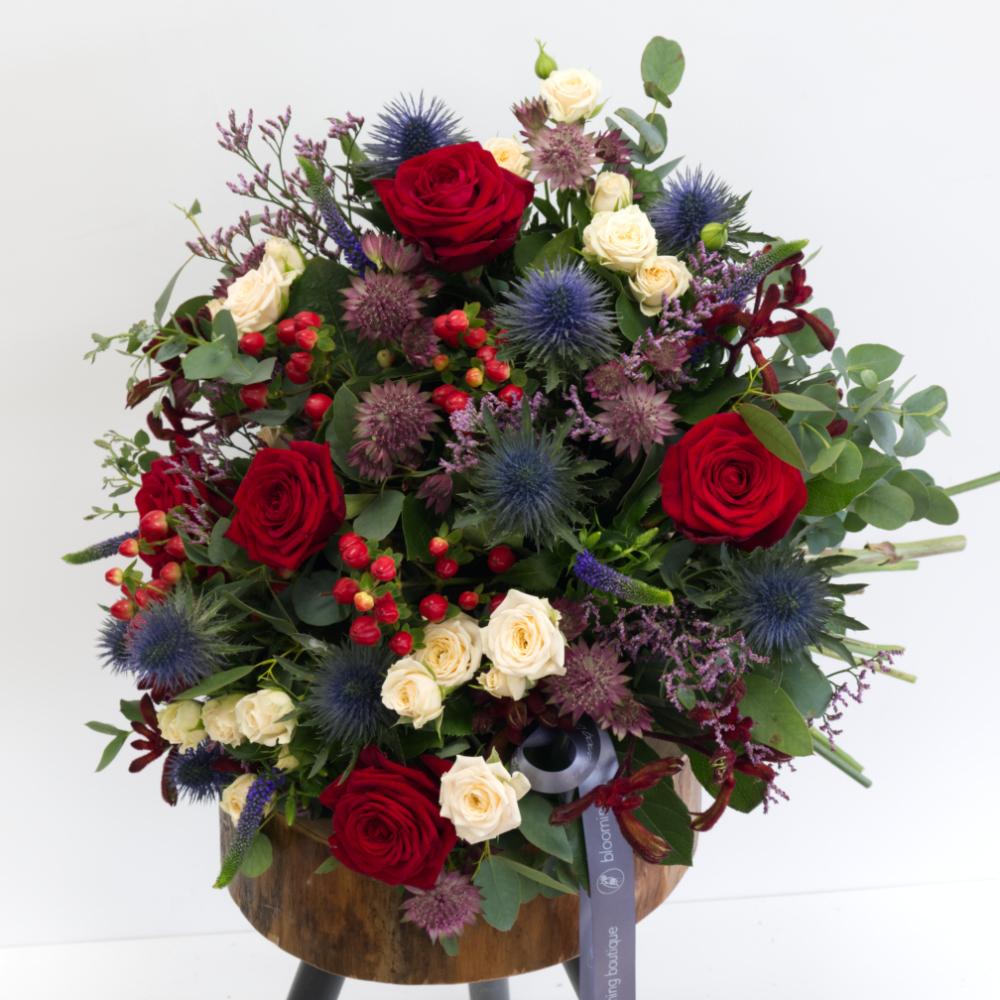 The luxury collection of deep red roses in combination with carefully selected flowers of purple and red shades will illustrate your expression of love perfectly. We deliver flowers throughout Dublin and Ireland. Please place your order by 1 pm for Same Day Flower Delivery Dublin or Next Day Flowers Delivery Ireland