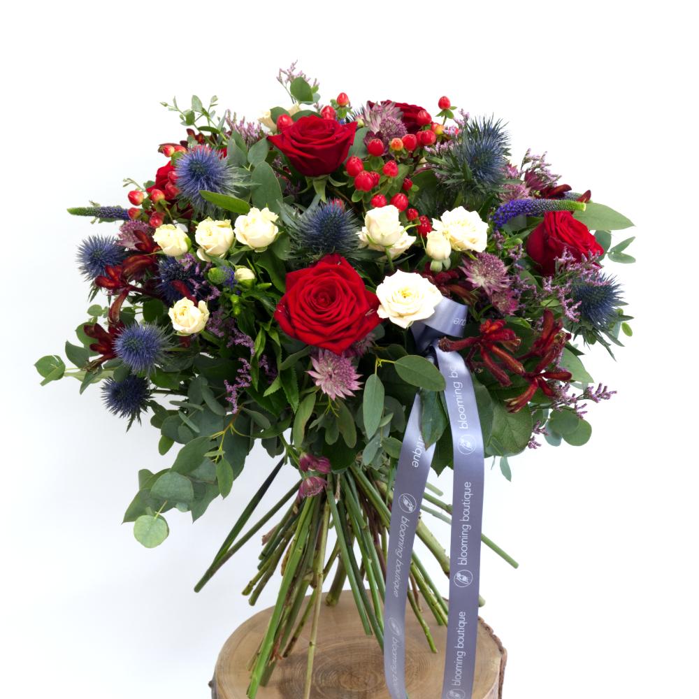 The luxury collection of deep red roses in combination with carefully selected flowers of purple and red shades will illustrate your expression of love perfectly. We deliver flowers throughout Dublin and Ireland. Please place your order by 1 pm for Same Day Flower Delivery Dublin or Next Day Flowers Delivery Ireland