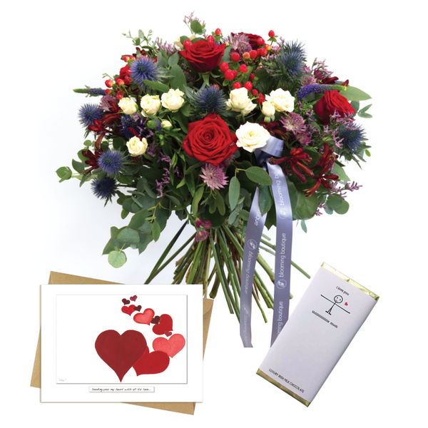 Special Valentine's Offer with our Wonderful Wild and Passion Flower Bouquet, Chocolate and Free Valentine's Card. A lovely present for your beloved ones. We deliver flowers throughout Dublin and Ireland. Please place your order by 1 pm for Same Day Flower Delivery in Dublin or Next Day Flowers Delivery Ireland