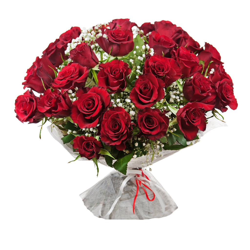 Flower Bouquet of Red Roses.  Medium size includes 12 red roses, with white Gypsophila and fresh foliage.  Large size includes 24 red roses, with white Gypsophila and fresh foliage. Same Day Flower Delivery Dublin or Next Day Flowers Delivery Ireland