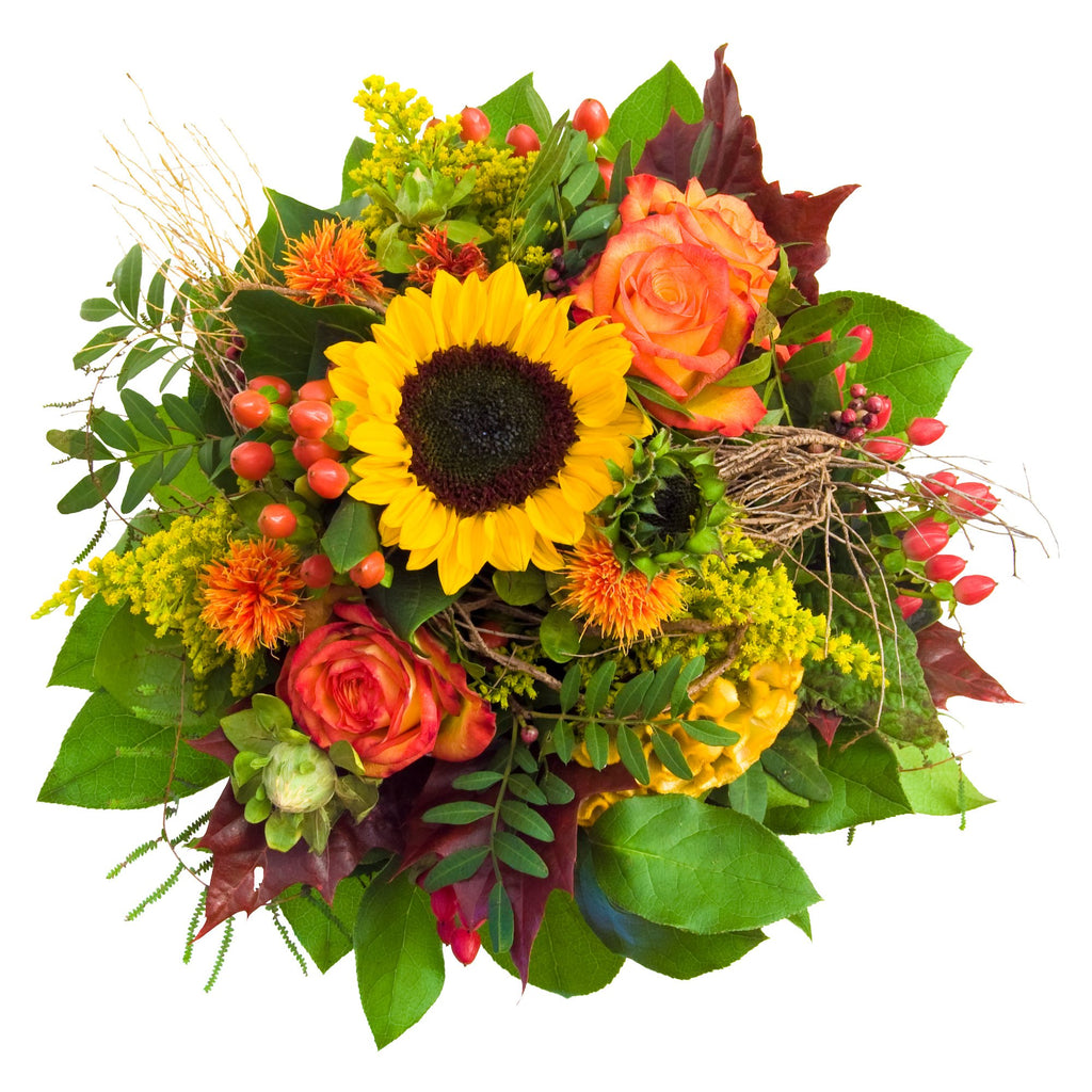 The autumn tones of this beautiful bouquet are very much suitable for any occasion, containing orange, red, and yellow flowers with bright Solidago and warm Hypericum for the finishing touch. Please place your order by 1 pm for Same Day Flower delivery in Dublin or Next Day Flowers Delivery Ireland