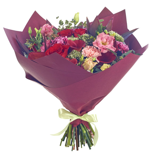 Passion Flower Bouquets with deep red roses, carnations, and Lisianthus. Same Day Flower Delivery Dublin or Next Day Flowers Delivery Ireland