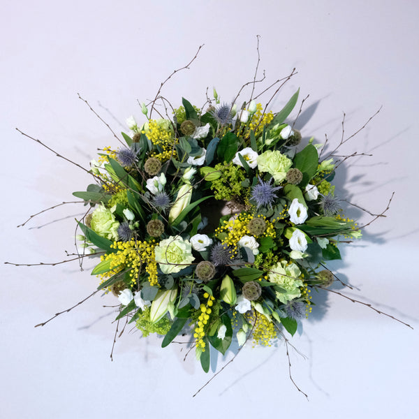 Our luxury wild one is a beautiful and unique version of the classic wreath. 50 cm big wreath includes a mix of meadow flowers. We deliver flower arrangements only in Dublin